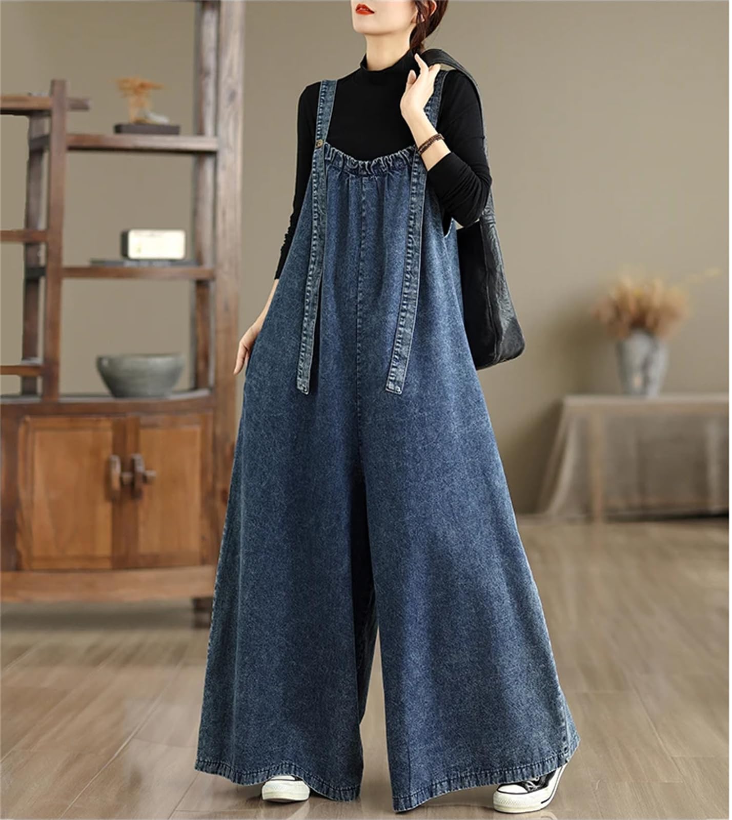 Damen Retro Locker sitzende Denim-Latzhosen Damen Hohe Taille Baumwollhosen Vintage-Stil Einteiler Freizeit-Hosen
