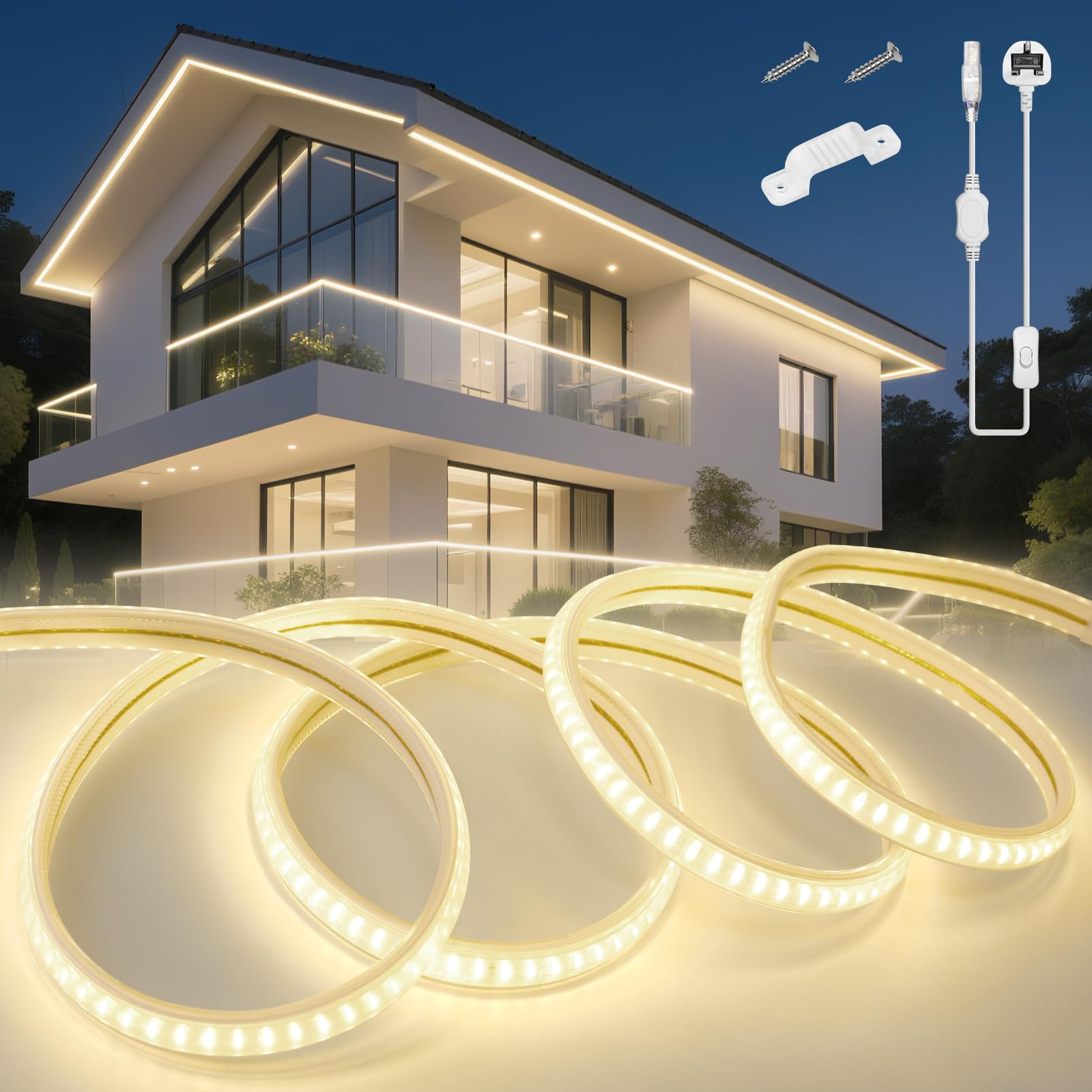 KSIBNW LED Strip Light 5M Waterproof Outdoor Garden, 220V 240V Neon Outside LED Light Strips Cuttable Rope Lights Flexible Neon Rope for Kitchen Cupboard Decking Outdoor Indoor Decor, Natural White