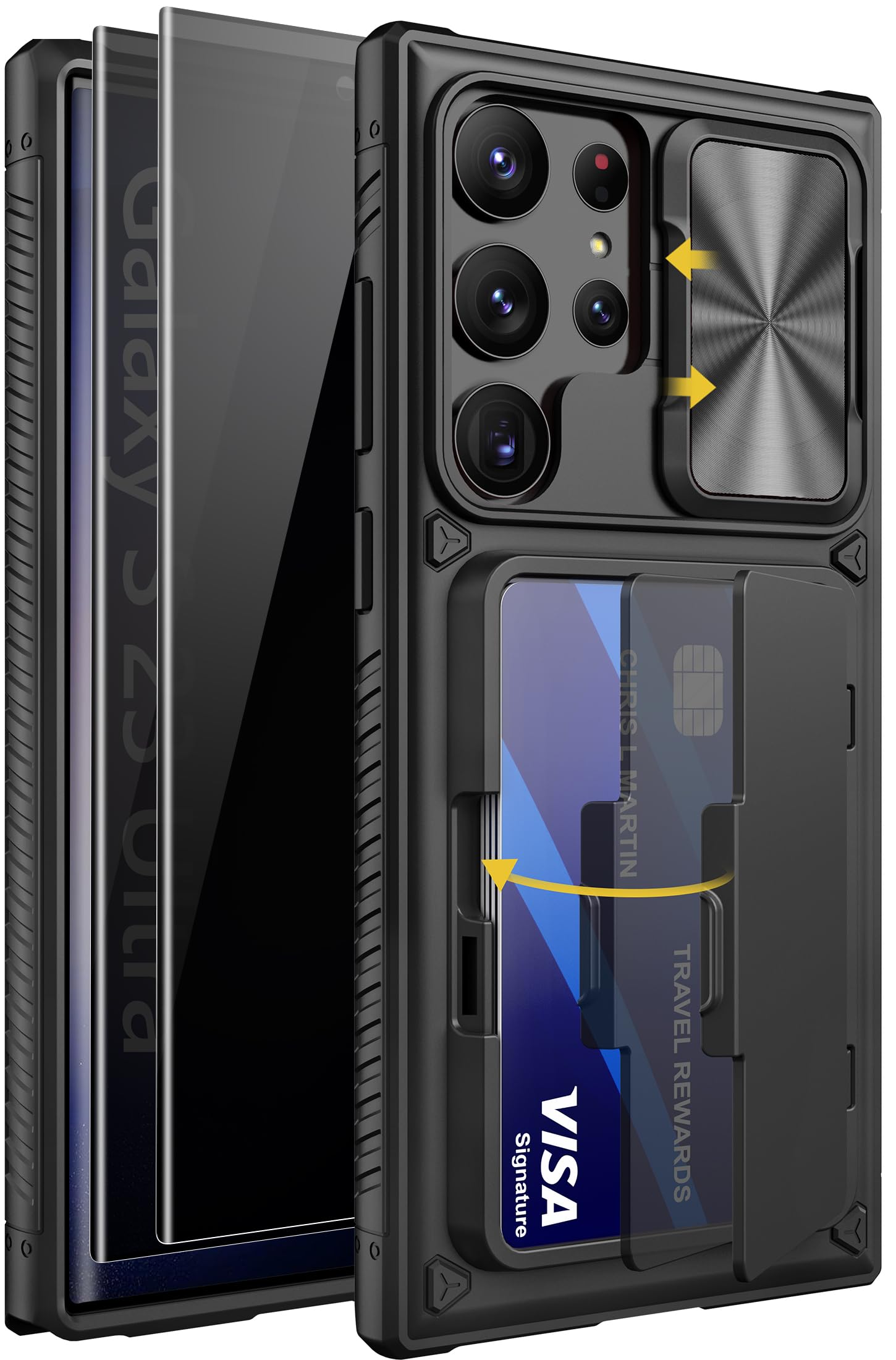 Vihibii for Samsung Galaxy S23 Ultra Case with Card Holder (4 Cards), Built-in 2X Privacy Screen Protector, Slide Lens Cover, Rugged & Shockproof Wallet Case for S23 Ultra 6.9" 5G, Black