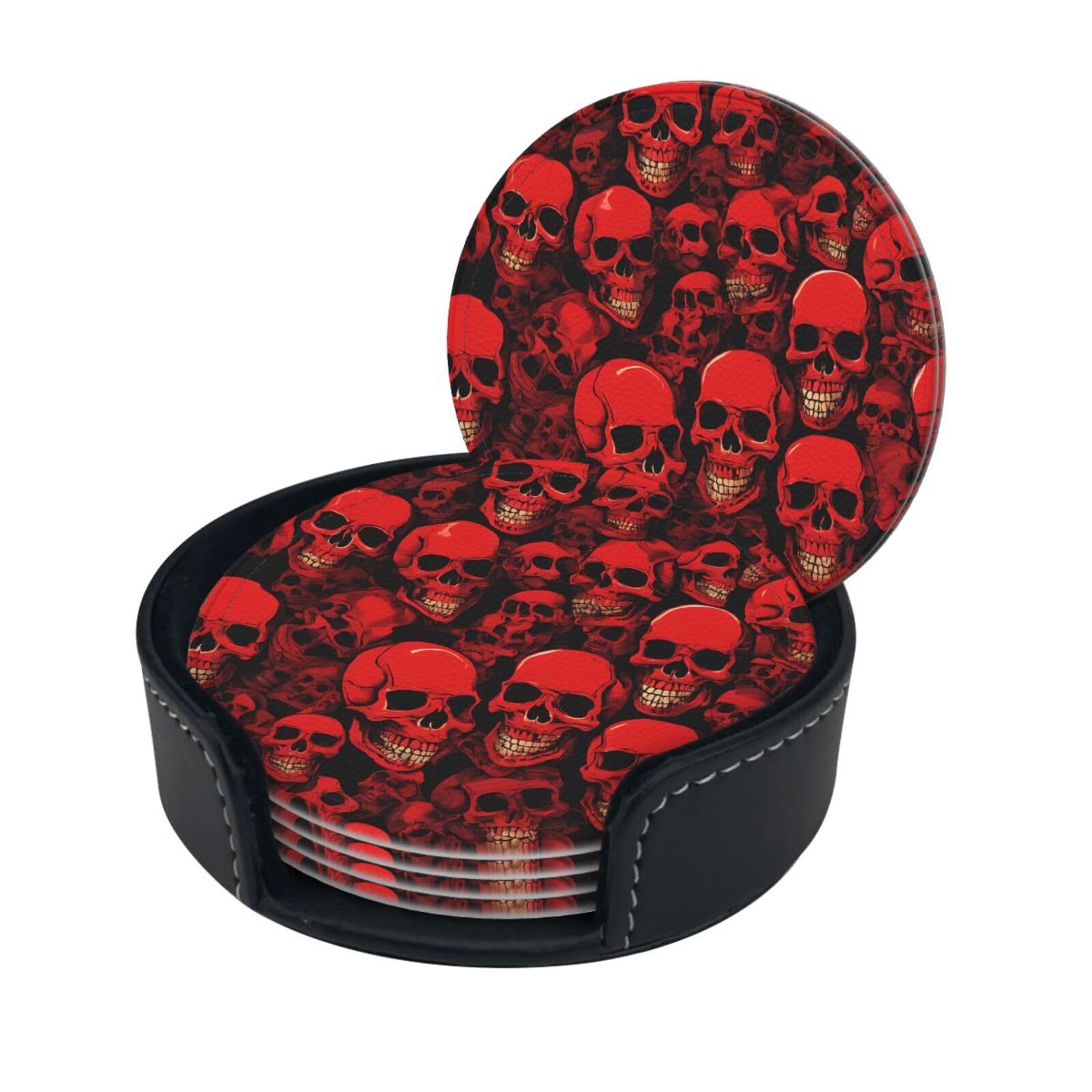 Red Skulls Print Coaster,Round Leather Coasters with Storage Box for Wine Mugs,Cold Drinks and Cups Tabletop Protection (6 Piece)
