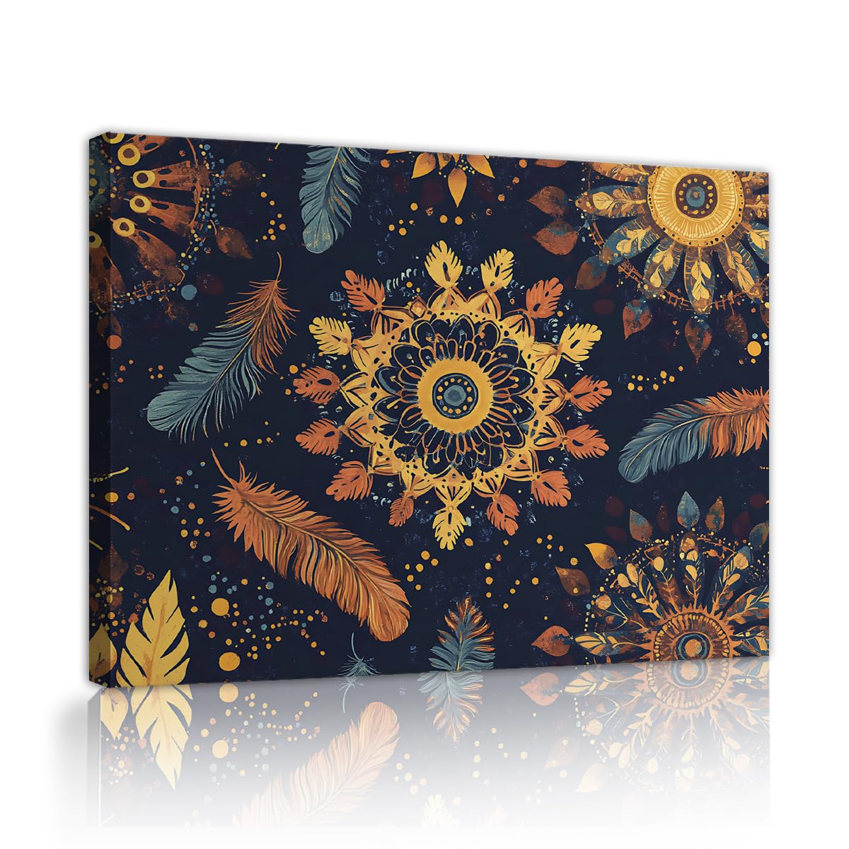 TOANGWALL Boho Mandala Feather Framed Canvas Wall Art Living Room Night Sky Blue Modern Print Artwork for Bedroom Apartment Home Decor 50x60cm
