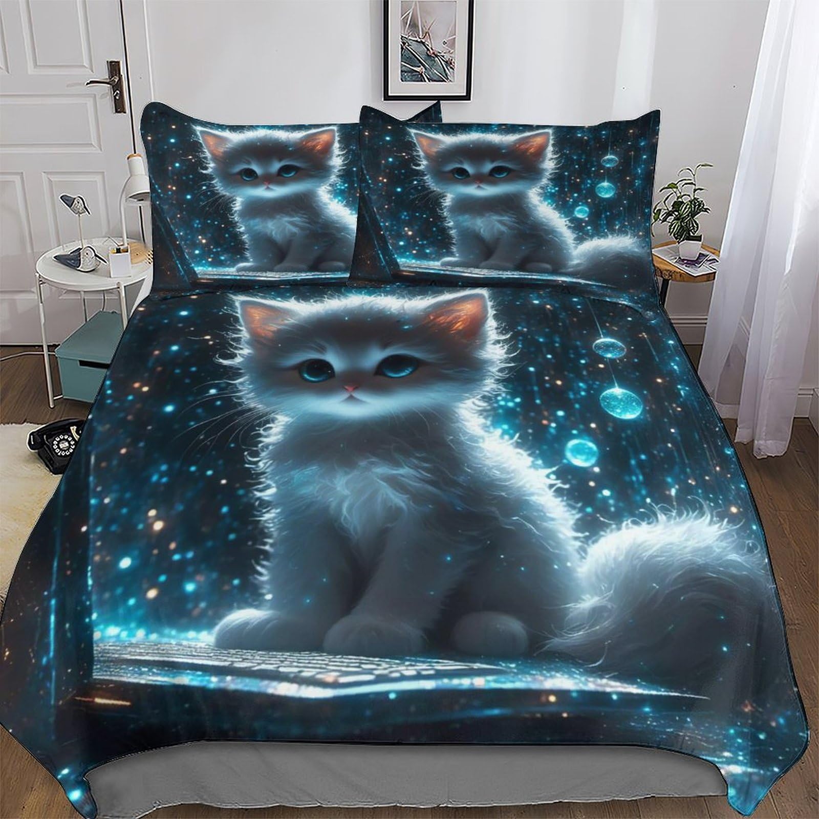Housse de couette chat 220x240 cm avec taies en microfibre douce