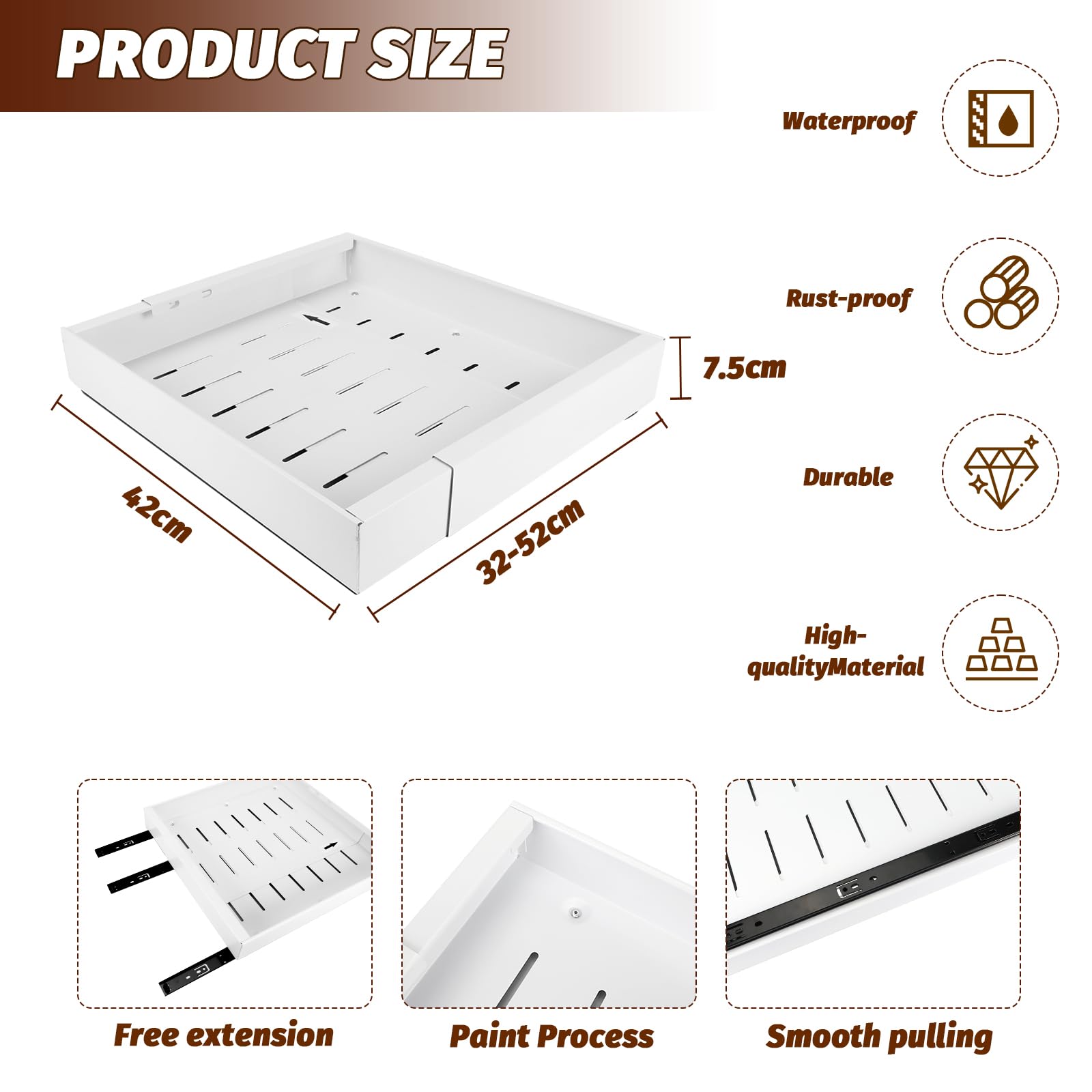 Cassetto Estraibile Regolabile Per Cucina - Larghezza 32-52cm, Acciaio Carbonio, Bianco - Foto 5
