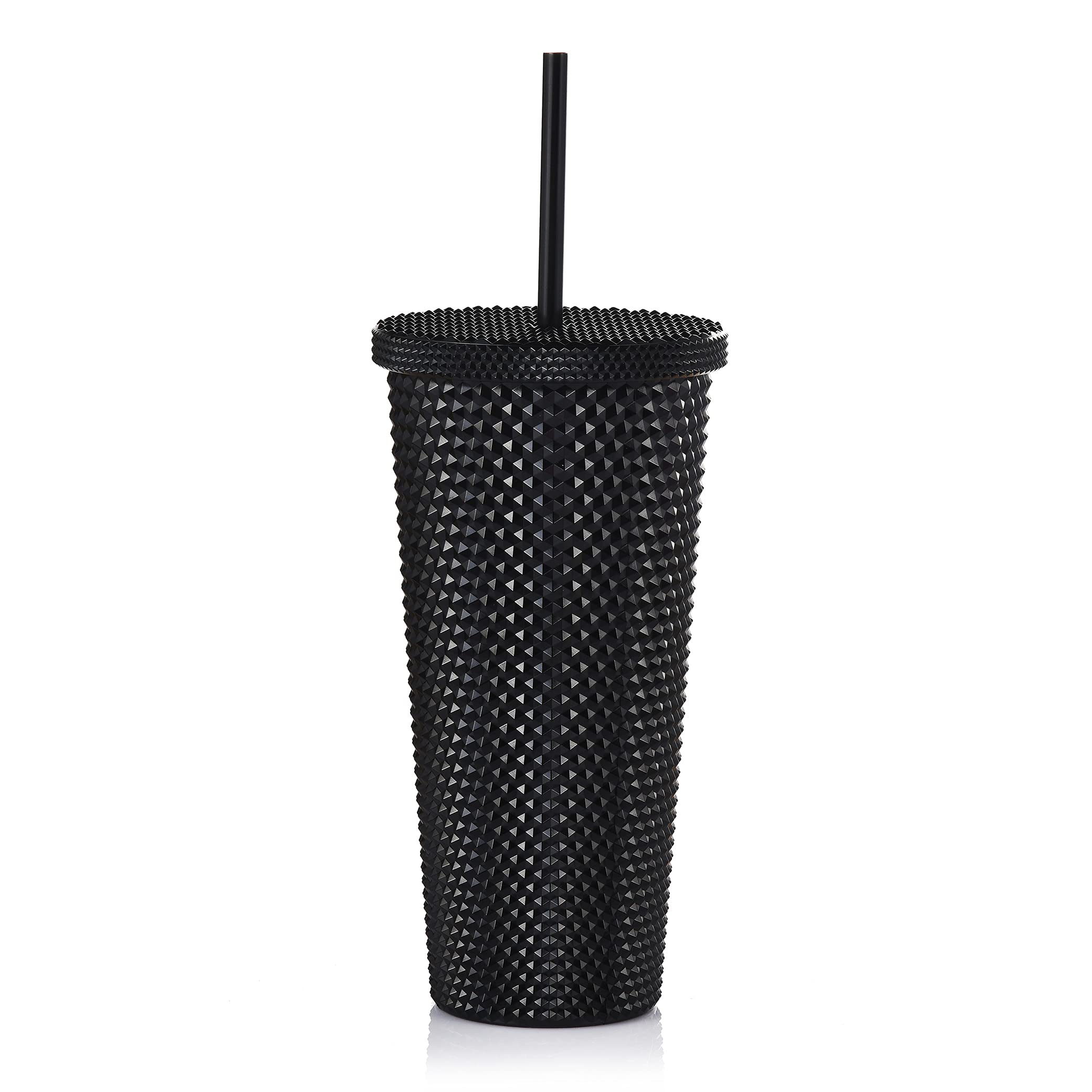 ALINKStudded Tumbler with Lid and Straw, Reusable Cup with Straws Lids, Plastic Water Bottle, Iced Coffee Travel Mug Cup - Black