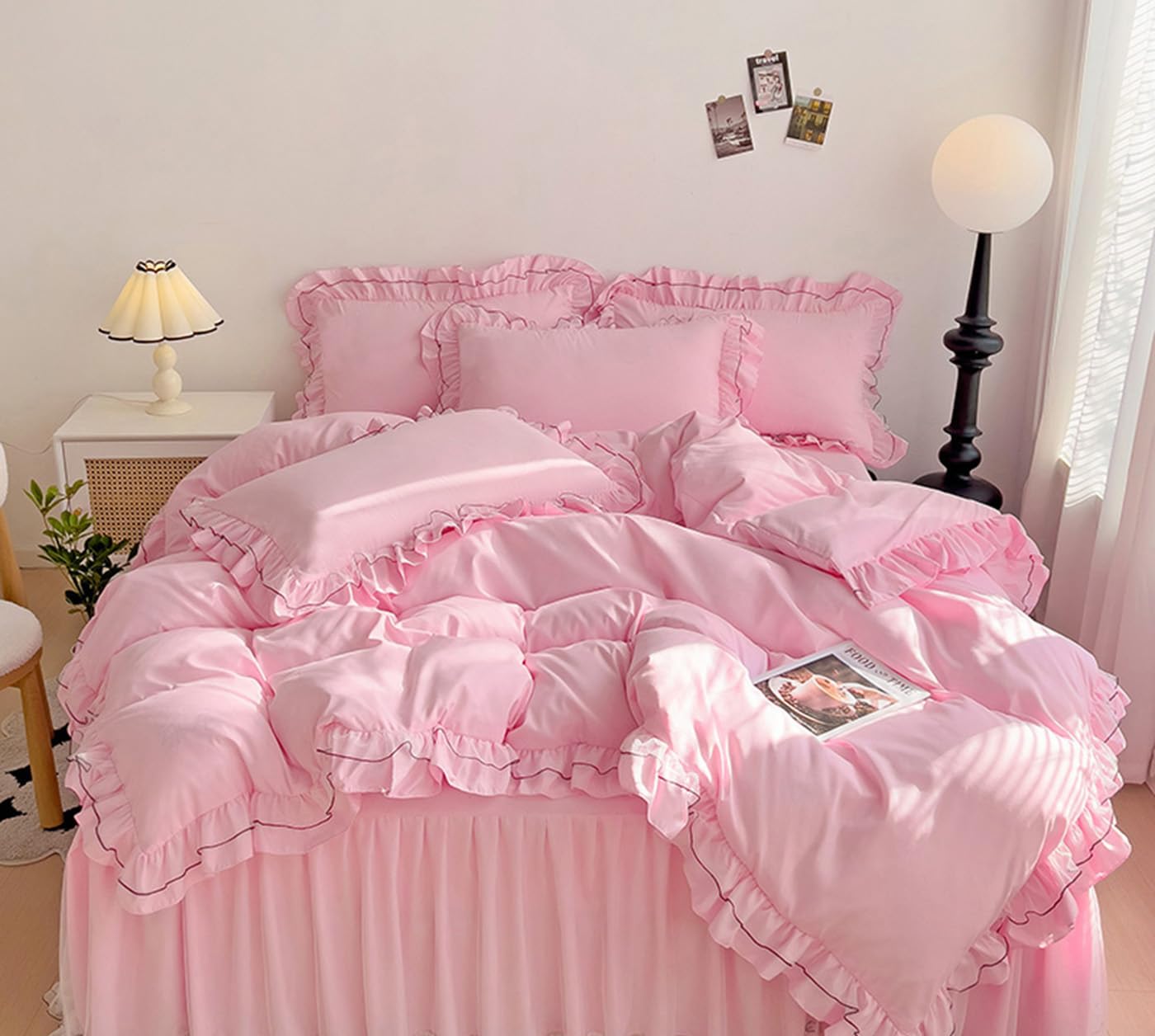LMONMOO Twin Duvet Cover, Pink Chic Lace Bedding Set with Double Ruffle, 3 Pieces Luxury Princess Style Comforter Cover Soft Breathable for Girls Kids Teen, All Season(Pink, Twin)
