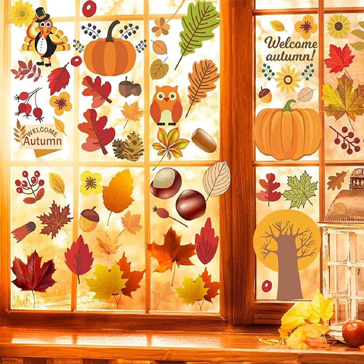 6 hojas para ventanas de otoño, decoración de Acción de Gracias, hoja de arce, sin pegamento, para decoración de ventanas de Acción de Gracias para habitación infantil, cafetería, escaparate