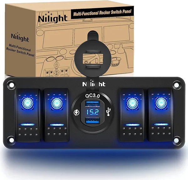 Nilight 4 Gang Rocker Switch Panel with QC3.0 Dual USB Charger Voltmeter Waterproof and Night Glow Stickers 12V-24V DC for Cars Trucks Boats RV