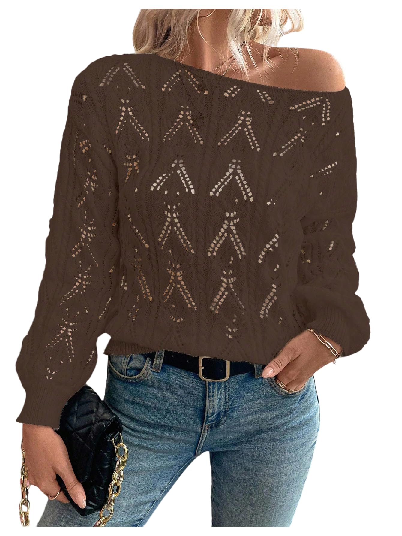 SHENHE Womens Crochet Sweaters Off The Shoudler Hollow Out Boat Neck Long Sleeve Lightweight Sweater Fall Pullover
