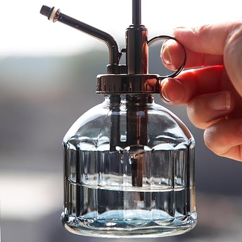 Miniatura 24 de OFFIDIX Mister de cristal para plantas, 6.3 pulgadas de alto, estilo vintage, de bronce, bomba superior de plástico con una mano, regadera