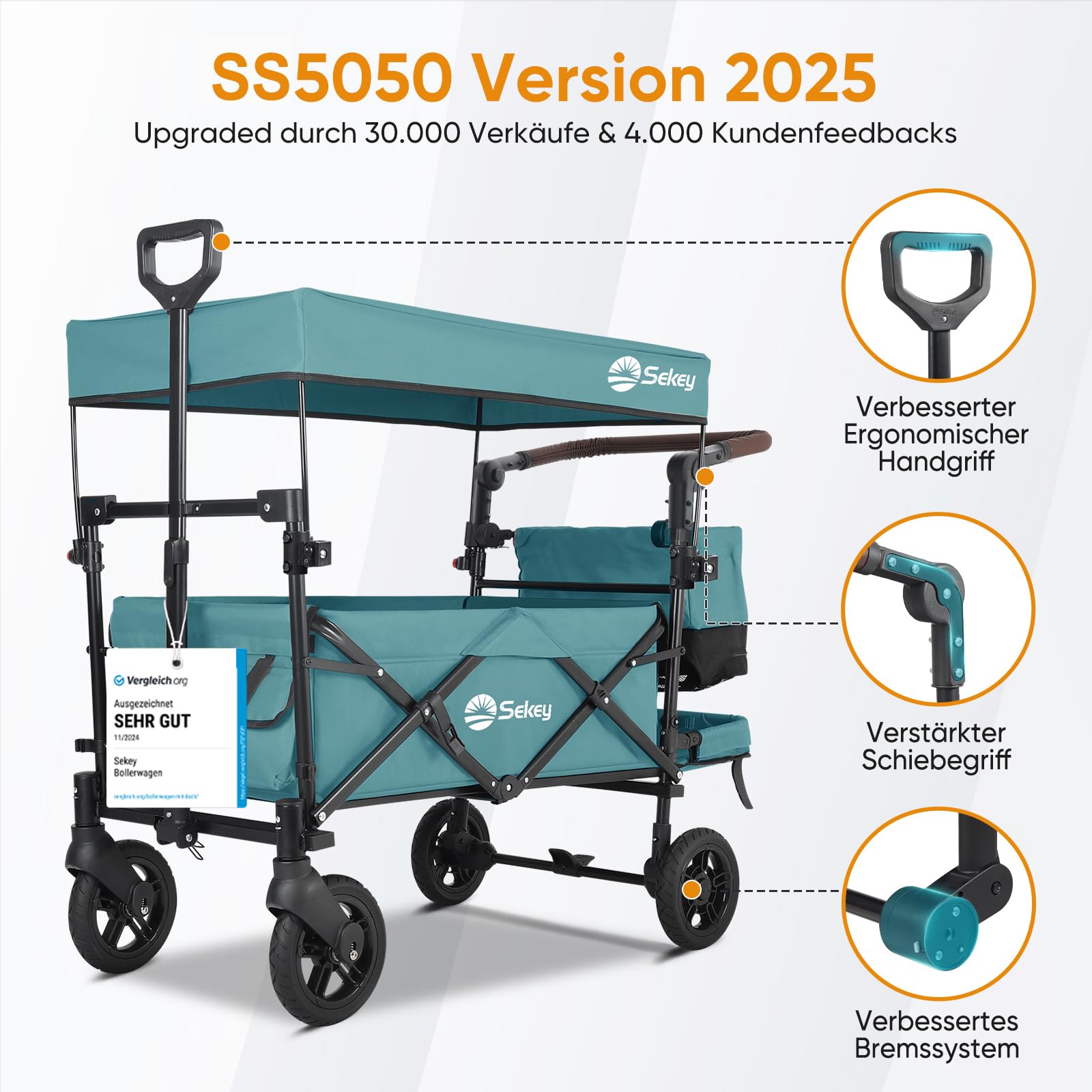 Sekey Bollerwagen Faltbar mit Dach 2 Kinder 100KG, Faltbarer Bollerwagen Handwagen Schiebegriff, Kinderwagen Stoßfest PU Räder mit Bremsen 110L, SS5050, Dunkelgrün, Regenschutz Nicht enthalten