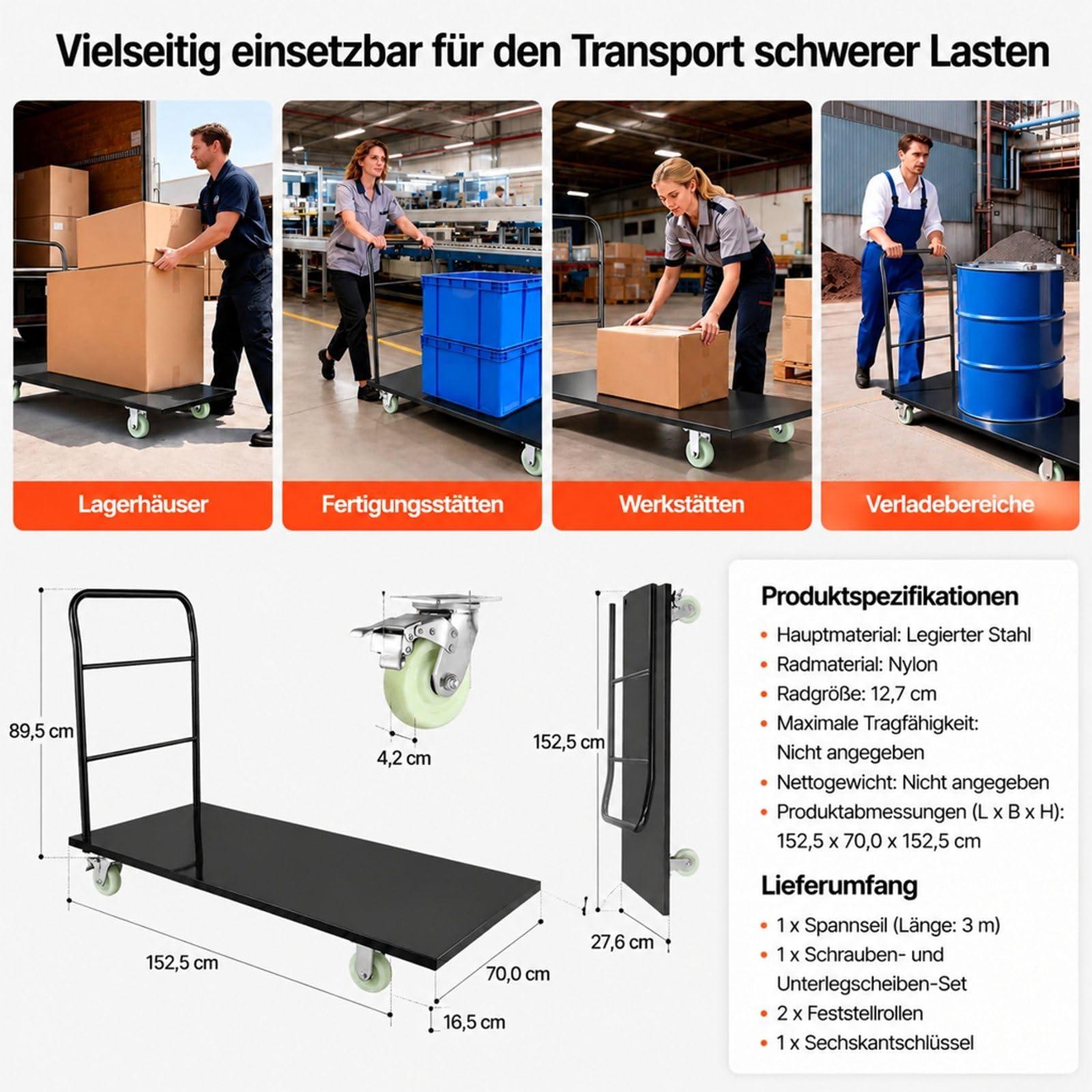 Klappbarer Plattformwagen aus legiertem Stahl, Tragfähigkeit 907 kg, mit Schwenkrädern und Griff, für Lager, Werkstatt, Fabrik und Gepäcktransport