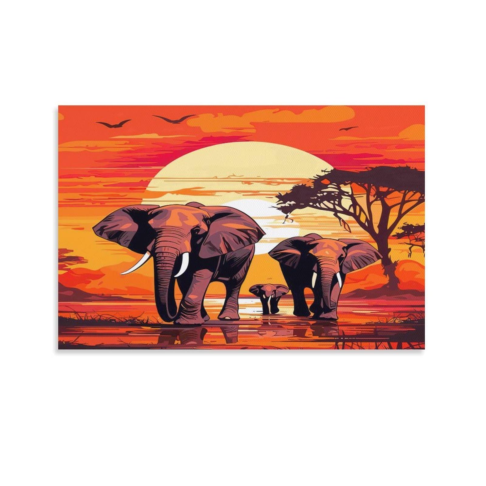 CPLVKWRQJ African Elephant Sunset Single Elephant Family Sunset Savanna Walk Canvas Wall Art - Housewarming Gift Living Room Focal Point Ready to Hang Decor 12x18inch(30x45cm)