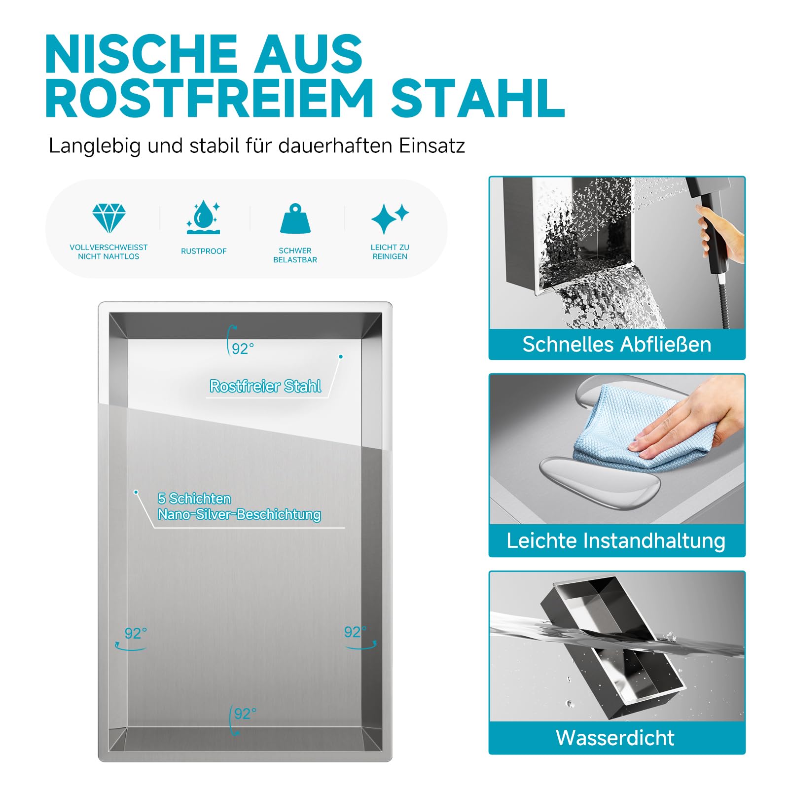 Nicchia doccia in acciaio inox 304, 25 x 40 x 10 cm, senza piastrelle, mensola da incasso per ambienti umidi, doppio bagno da incasso, nicchia per doccia essenziale, finitura spazzolata