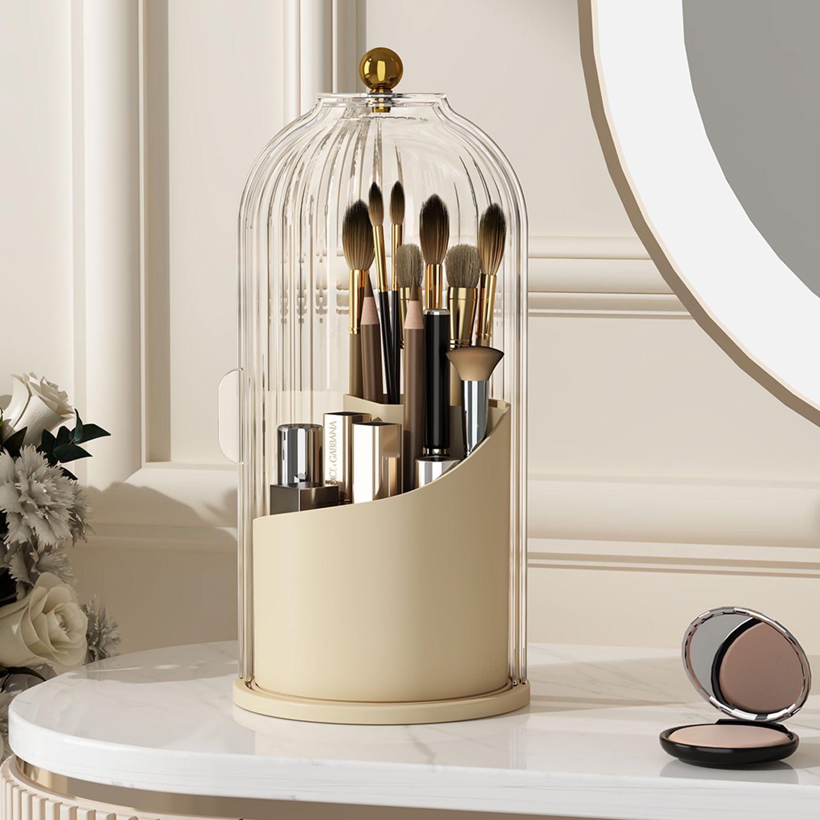 YOOLENS Makeup Brush Holder with Lid 360 Rotating Clear Dustproof Make Up Organizers for Vanity Bathroom Countertop, White Beige