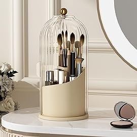 YOOLENS Makeup Brush Holder with Lid 360 Rotating Clear Dustproof Make Up Organizers for Vanity Bathroom Countertop, White Beige
