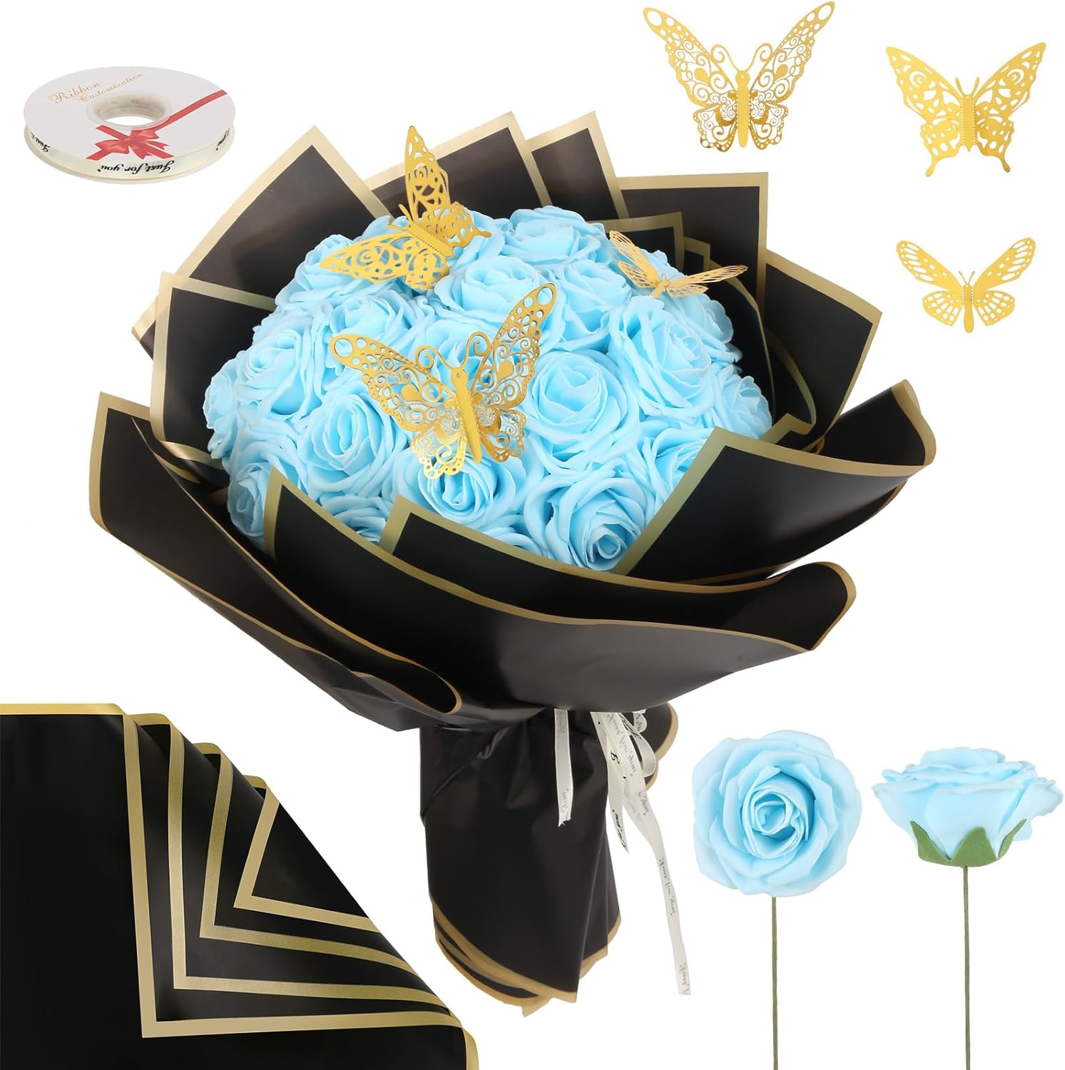 Baby Blue Roses 25 PCS Foam Flowers 3.15" Artificial Roses with Stems, Wrapping Paper, Butterfly Light Blue Foam Fake Roses for Valentines, Anniversary,Mother's Day Birthday Wedding