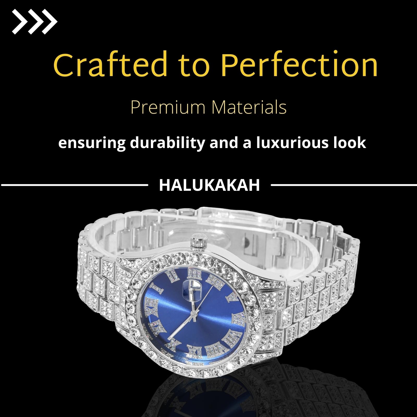 Halukakah Zegarek z brylantami Iced Out dla nastolatków - pozłacany 18K złotem/platyna, tarcza zielona/niebieska/czerwona 42 mm, długość 20 cm, opcjonalnie z kubańskim łańcuchem i narzędziem do