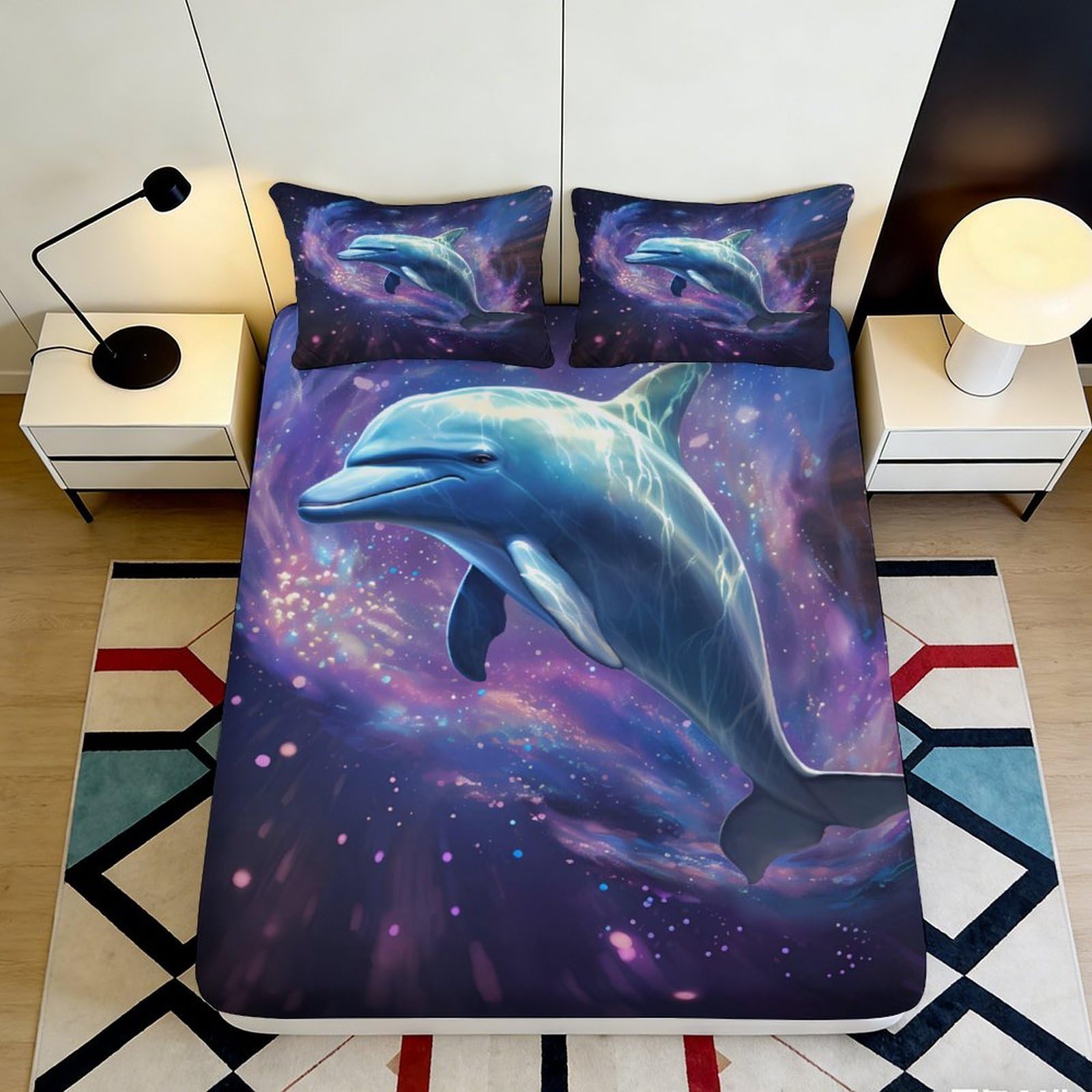 3D Printed Ocean Dolphin Fitted Sheet Microfiber Soft Breathable Galaxy Nebula Mattress Cover for Bedroom Decor 140x200x25cm