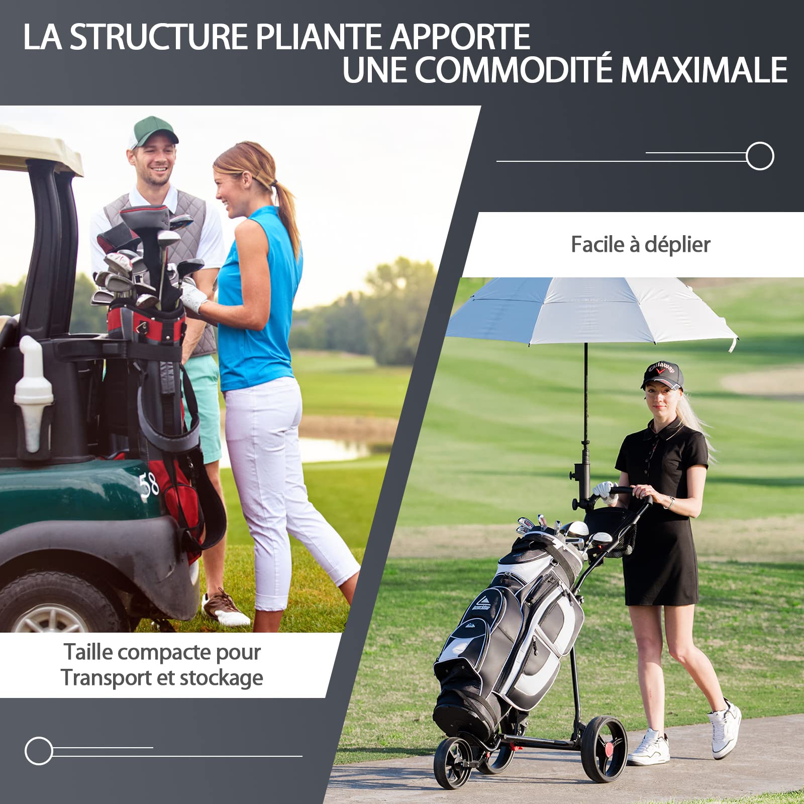 RELAX4LIFE Carrito de Golf Plegable en Marco de Hierro con 3 Ruedas y Frenos, Carro de Golf con Soporte para Teléfono, Titular de Paraguas y Asa Ajustable en Altura y Ángulo, 91,5x60x129,5cm, Negro