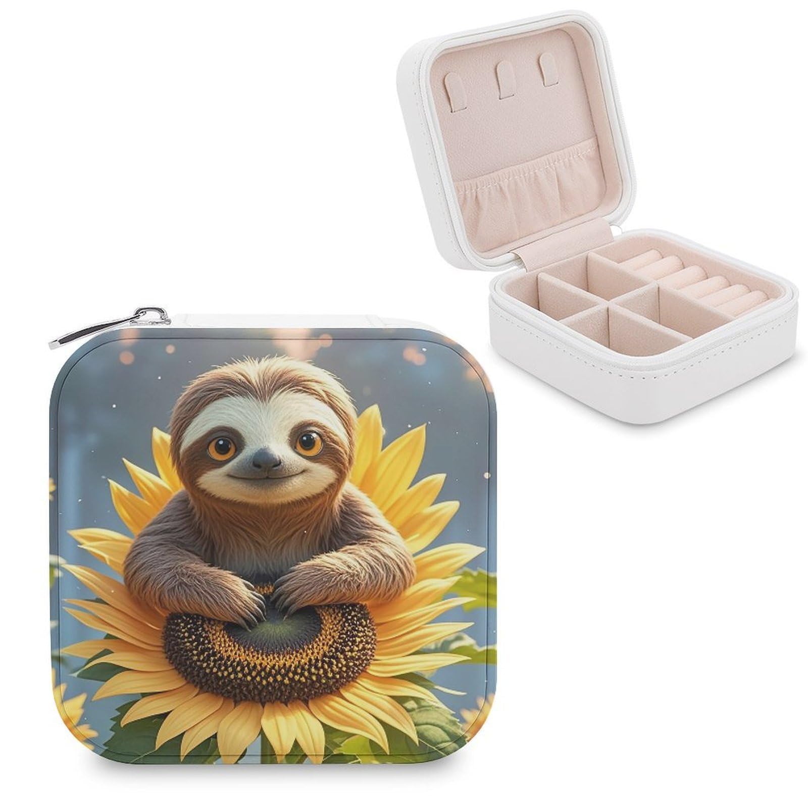LZQPOEAS Cartoon Sloth Sitting on Sunflower Jewelry Box Mini Jewelry Travel Case Trendy Stuff Ring Box Custom PU Leather Jewelry Boxes Portable Jewelry Case Earring Storage Organizer for Girls Women