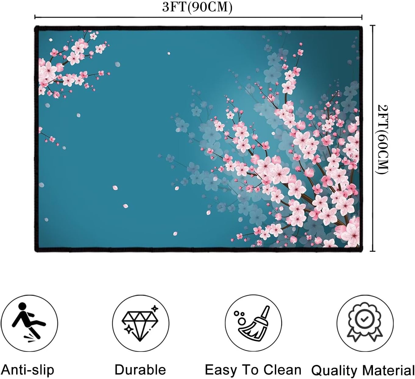 Entrance 2x3 Rug,Floral Rugs for Bedroom,Pink Cherry Blossom Flowers Spring Theme Door Mat Indoor,Small Throw Rugs Washable Non Slip Floor Carpets Mats for Entryway,Living Room,Blue Green