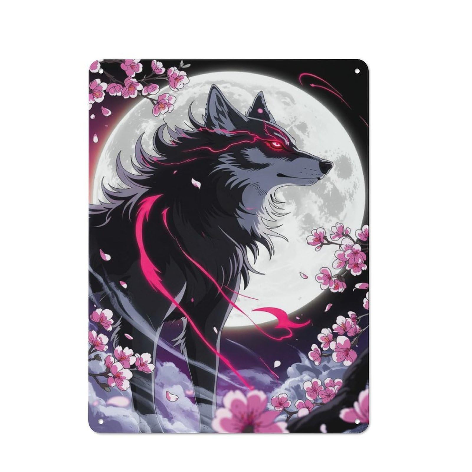 Vintage Tin Wall Sign 40x30cm Featuring Crimson Moon Howl – Ethereal Wolf Amidst Sakura Storm, Room Wall Plaque for Flat, Dorm Room, Lounge Or Cafe