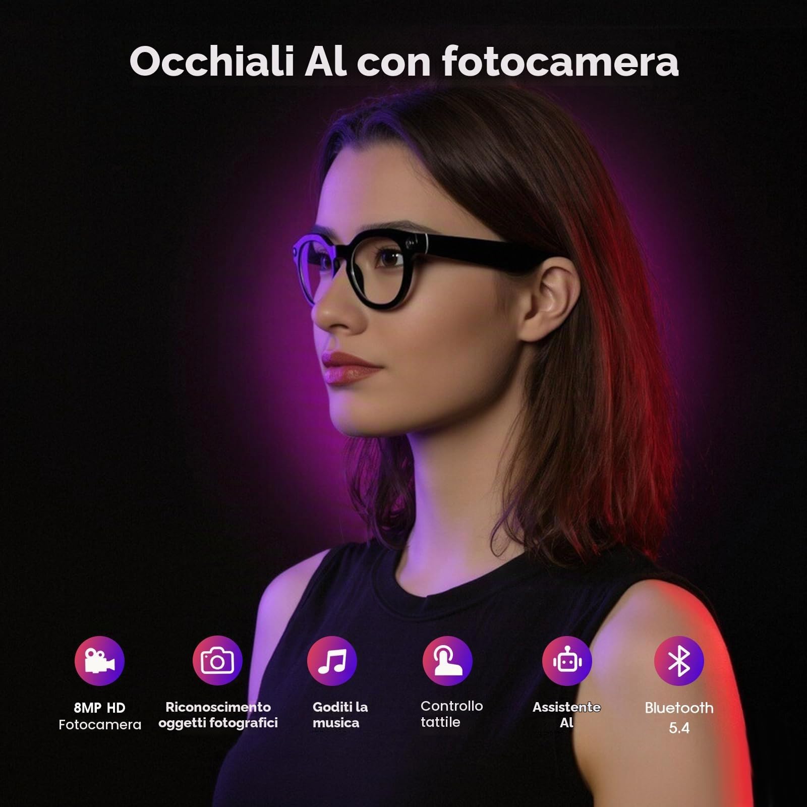 GenXenon Occhiali Connessi Con IA, Occhiali-Camera HD 8 MP – 220 mAh, Video 1200P, Scatto Di Foto E Video, Traduzione In Tempo Reale, Occhiali-Camera Per Ciclismo, Escursionismo E Viaggi.