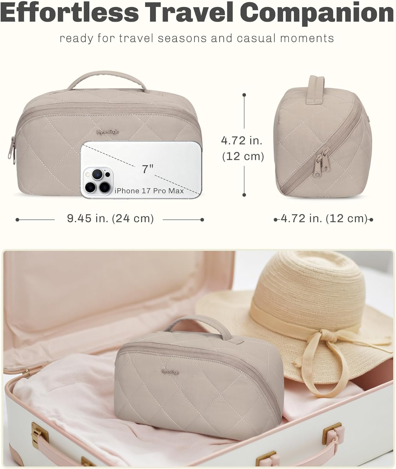 Hynes Eagle Travel Makeup Bag for Women Puffy Cosmetic Organizer Pouch Open Flat Toiletry Bag for Toiletries, Brushes Camel