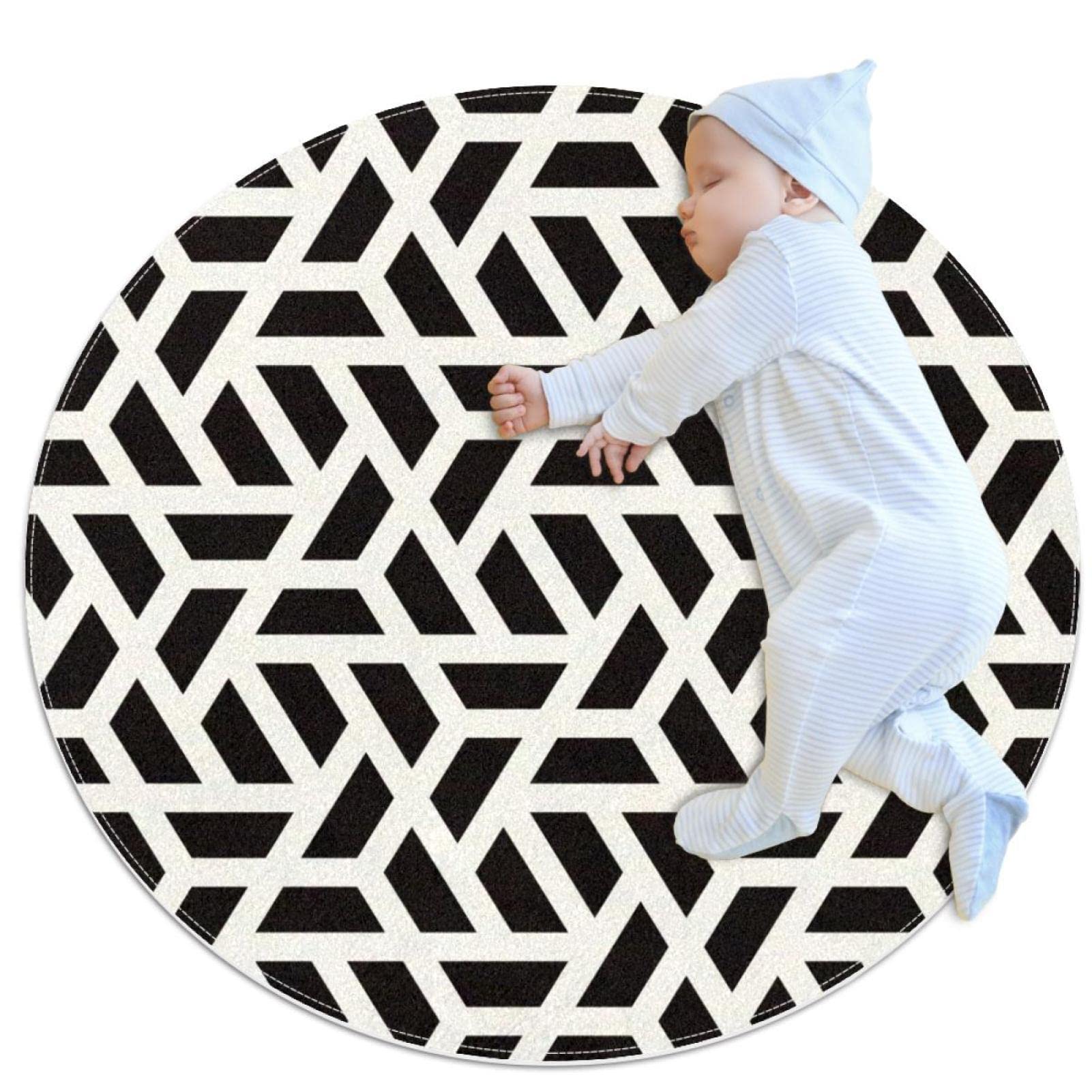 Tapis de salle de bain géométrique noir et blanc au design rond et moderne de 1 m