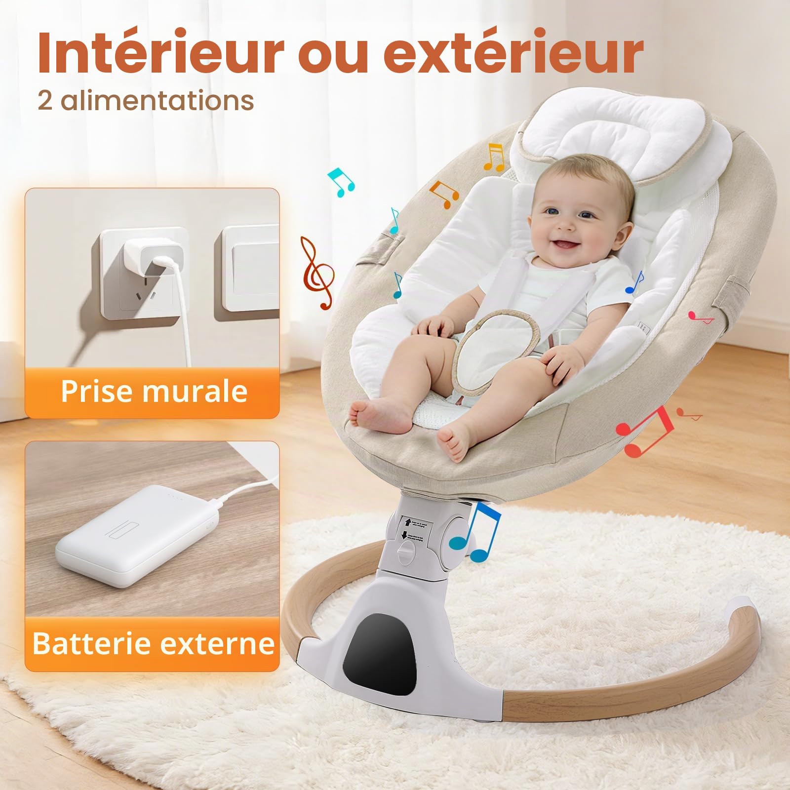 Balançoire électrique pour bébé de 0 à 6 mois, maximum 9 kg, portable pour nouveau-né avec Bluetooth, 5 vitesses de rotation, 3 positions d'angle, télécommande et panneau tactile, beige