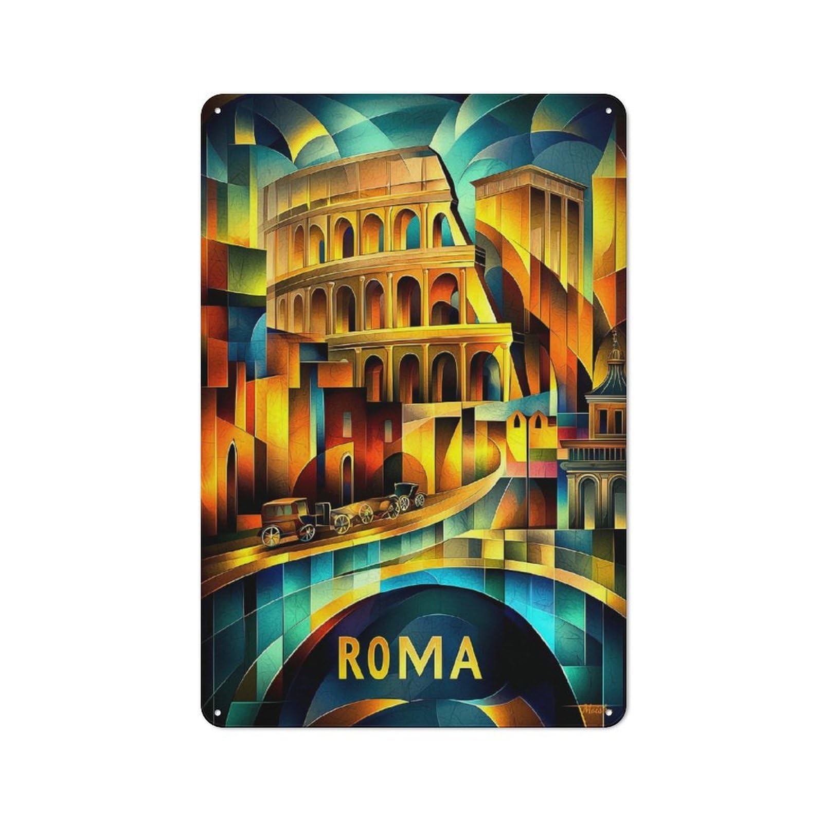 Rome Cubist Heritage – Modern Geometric Colosseum Workshop Style Metal Wall Decor 30x20cm, Decorative Metal Plaque for Garage, Workshop, Shed Or Utility Room