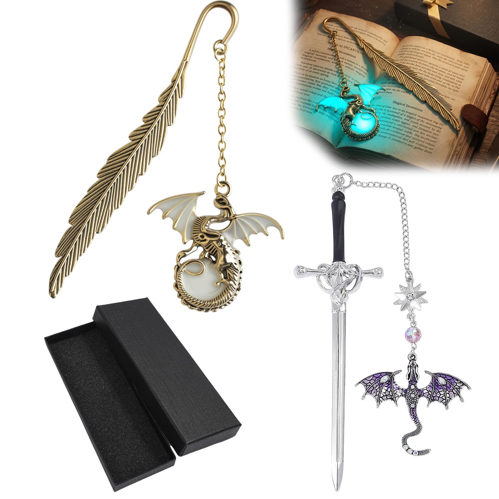 Vesavifaka Dragon Bookmark, Fantasy Fourth Wing Metal Tassel Bookmark Glows in the Dark, Gothic Cool Dragon Bookmark Gifts for Book Lovers Women Men, Vintage Dragon Unique Swor/d Gifts