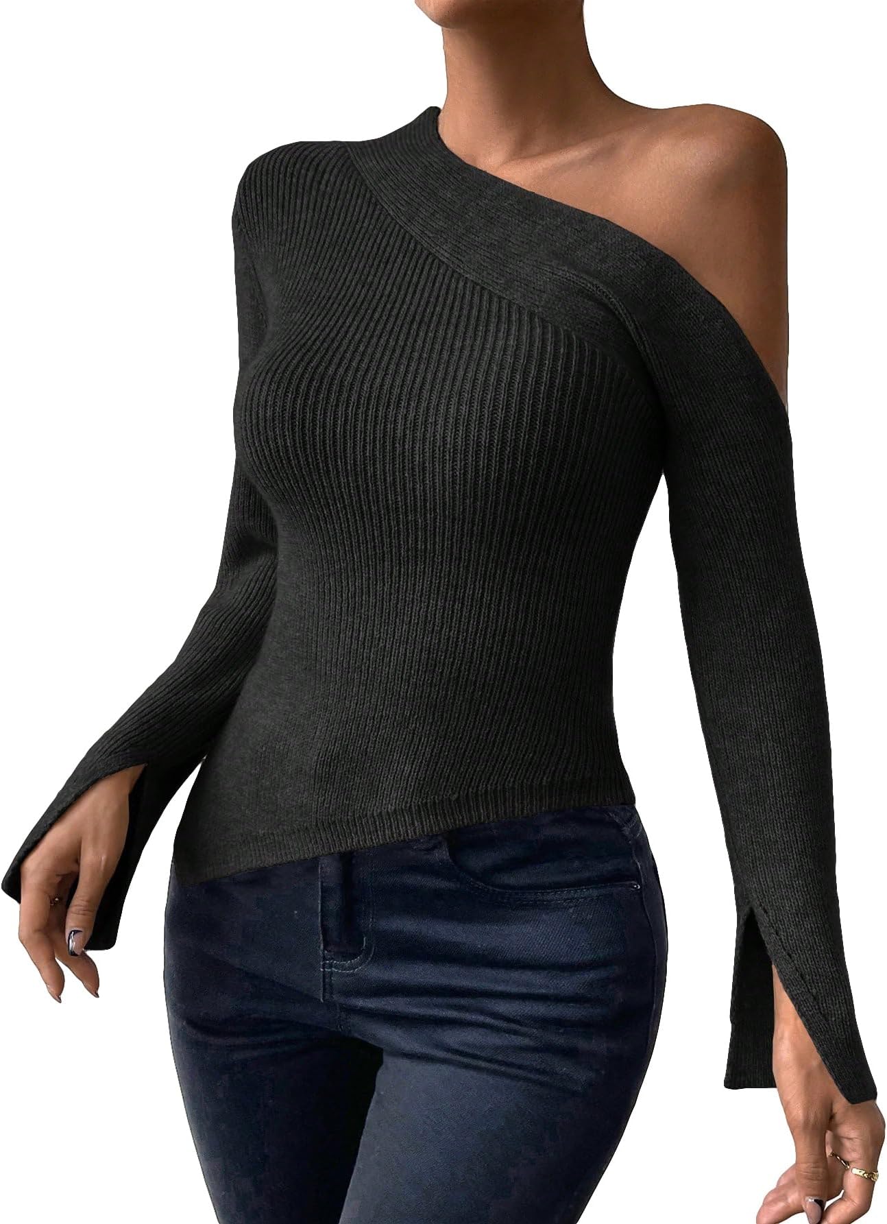 MakeMeChic Women's Asymmetrical One Shoulder Long Sleeve Ribbed Knit Tee Shirt Split Pullover Sweater Tops