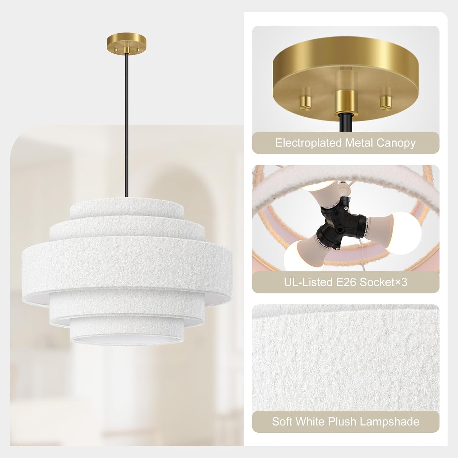 20'' Modern 5-Tier Chandelier, Large Plush Drum Pendant Light for Kitchen Island, Adjustable Height & White Shade, Coastal Hanging Lighting Fixture for Dining Room, Living Room, Bedroom, Foyer