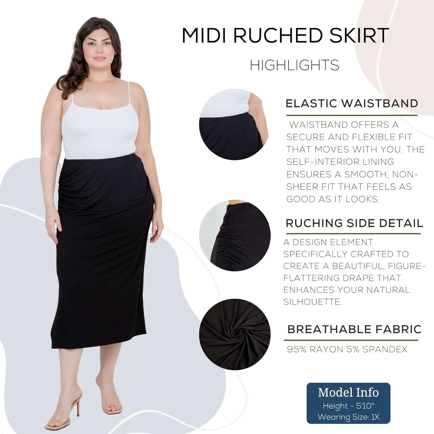 Azules Women’s Stretchy Midi Skirt – Ruched Bodycon Jersey Knit Skirt with Side Slit, Pull-On High Waist Fit - Image 5