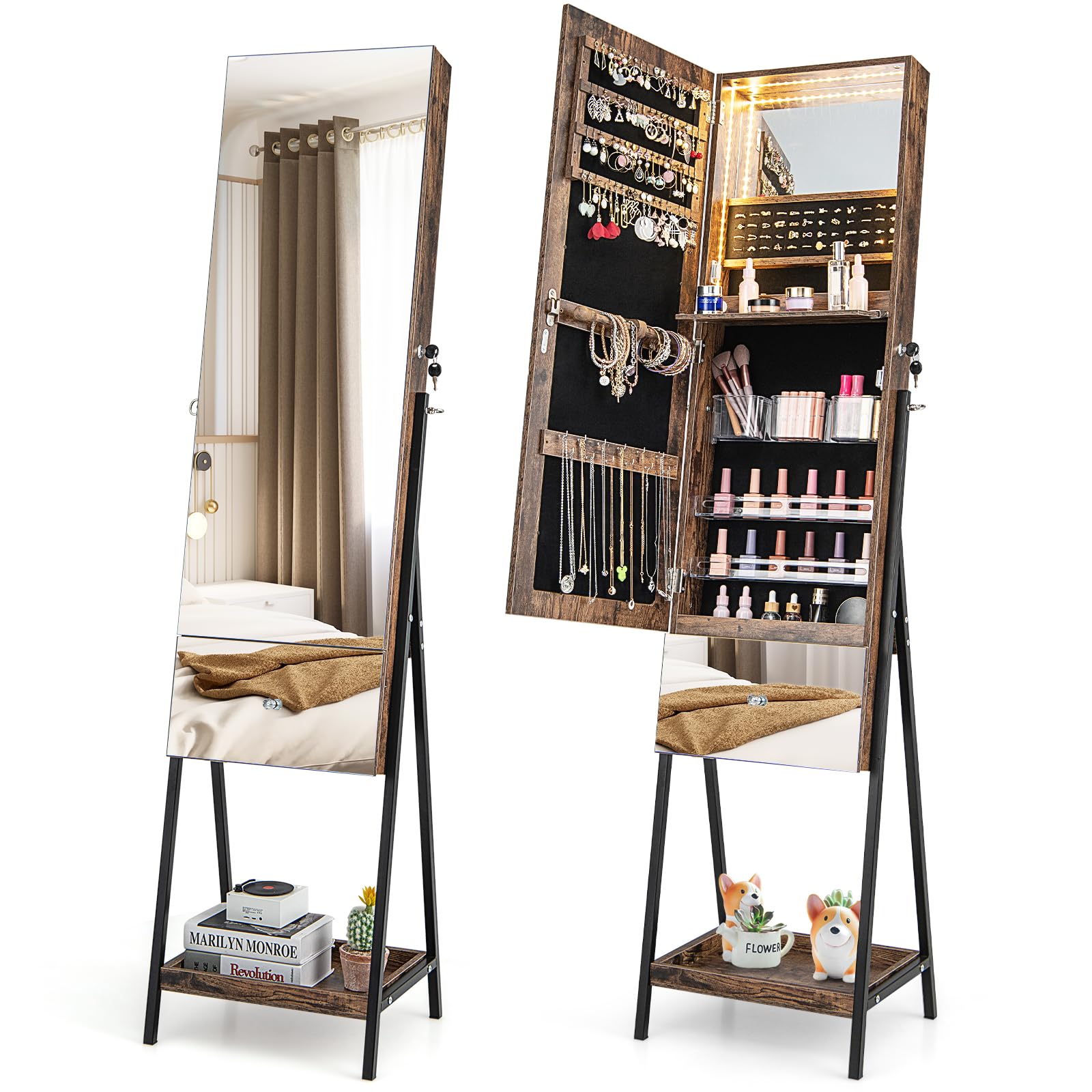 RELAX4LIFE Armario para joyas con espejo, armario con espejo con 3 LED de colores, organizador de joyas con cajón y estante, estantería para joyas con cerradura, para dormitorio, salón (marrón rústico