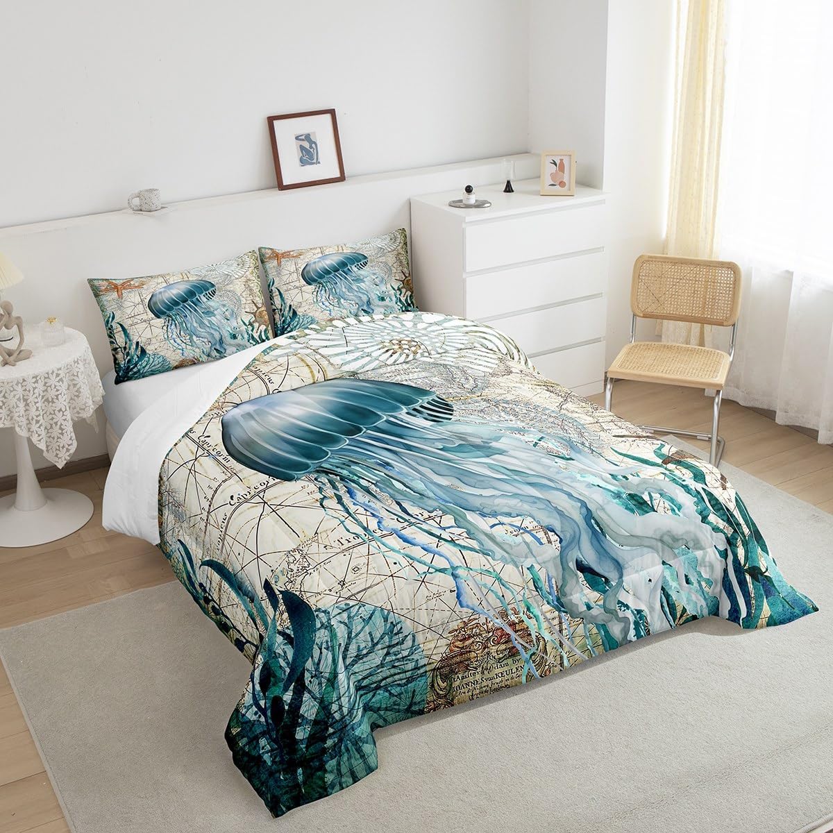 Erosebridal Ocean Bedding Set Full Size,Nautical Retro Sailboat Comforter Set Aquarium Coastal Creature Duvet Insert Vintage Marine Life Quilted Duvet Tropical Hawaii Beach Bedroom Decor