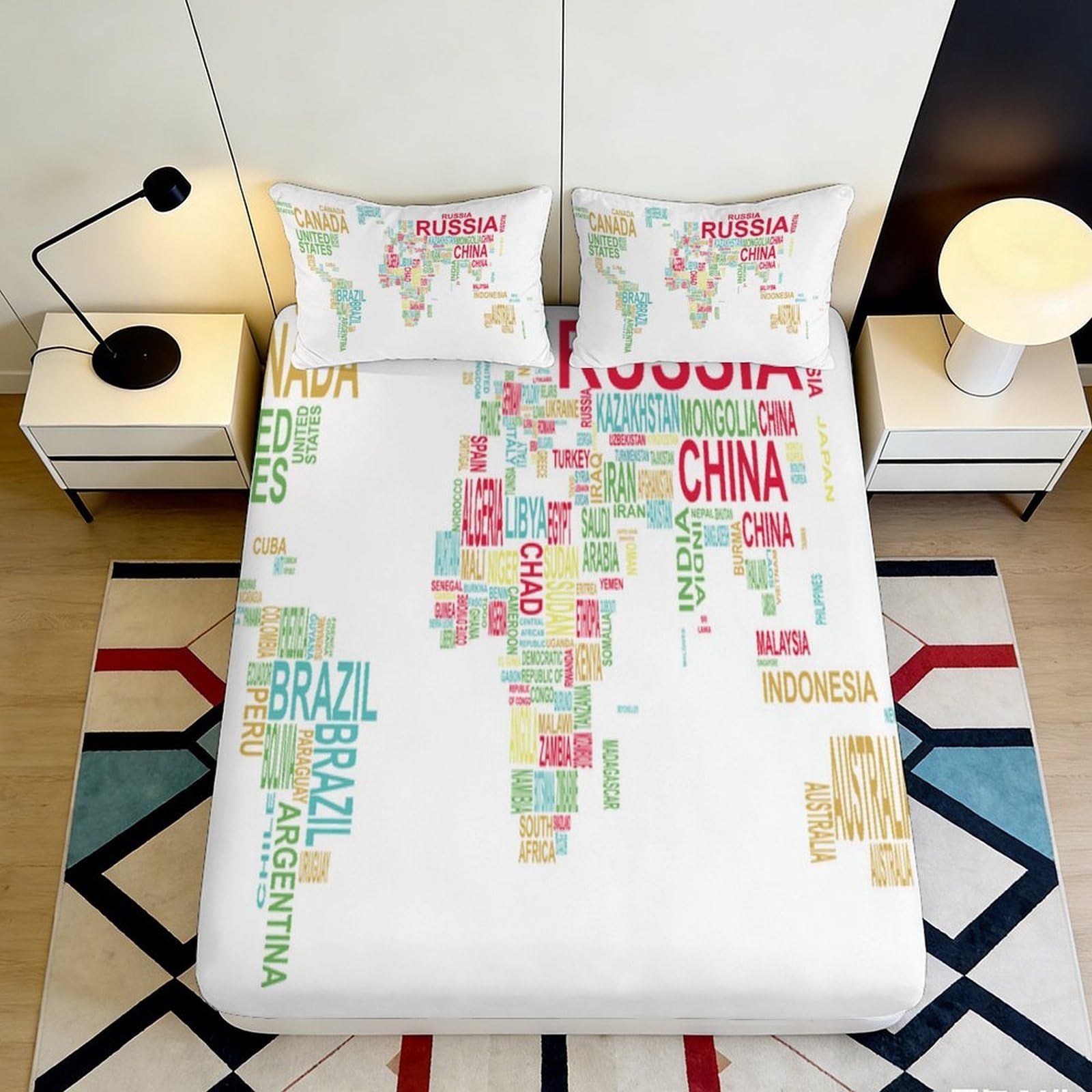 3D Printed World Map Typography Fitted Sheet Microfiber Breathable Bed Cover Bedroom Guestroom Decor 90x200x25cm