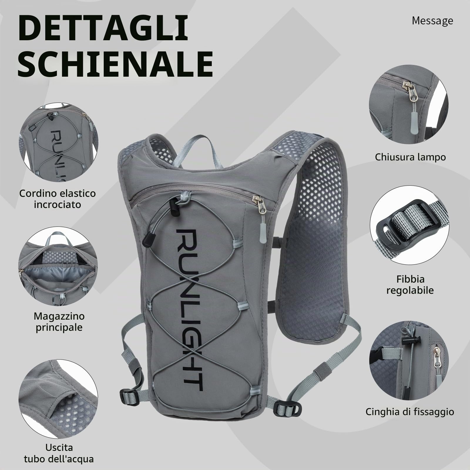Runlight Gilet da corsa per uomo e donna, cinghie pettorali regolabili, gilet idratante da corsa, con borraccia da 1500 ml