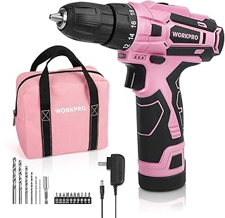 WORKPRO Pink Cordless Drill Driver Set, 12V Electric Screwdriver Driver Tool Kit, 3/8" Keyless Chuck, Charger and Storage ...