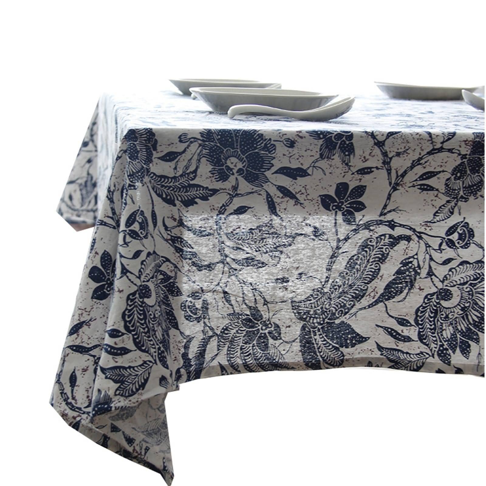 Tovaglia Rettangolare Lino Grezzo Copritavolo Cotone Porcellana Blu Bianca Quadrata Antimacchia Tovaglie Stiro Blu Bianco Decorazione per Protezione Cucina 140X220Cm