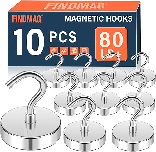 Vista 10 de FINDMAG Paquete de 10 ganchos magnéticos negros, ganchos magnéticos de neodimio de 30 libras para colgar, ganchos magnéticos fuertes con ganchos