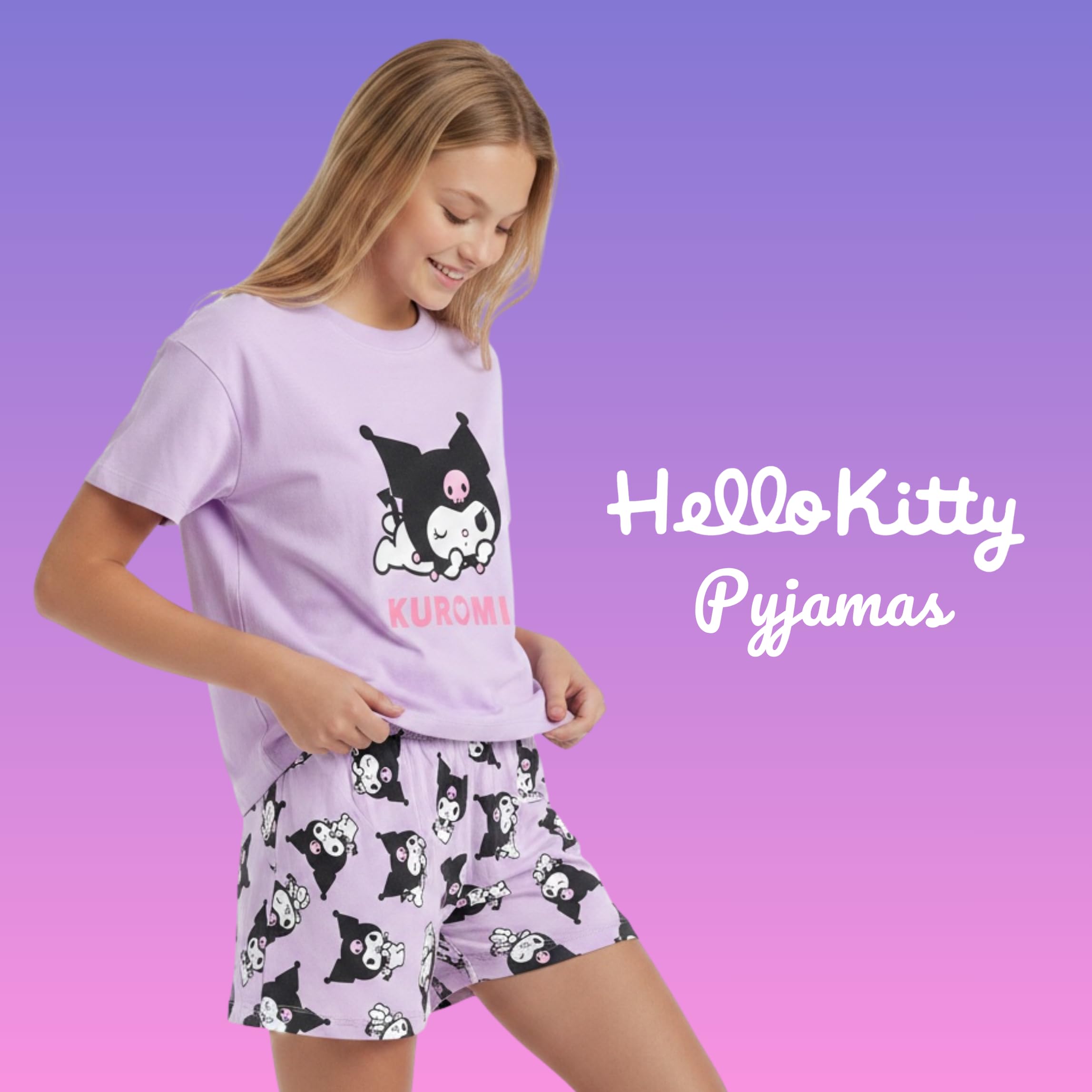 Hello Kitty Kuromi Camiseta y Pantalon para Niña, Pijama Conjunto 2 Piezas Camiseta Manga Corta y Pantalon Corto, Tallas 8 a 14 Años