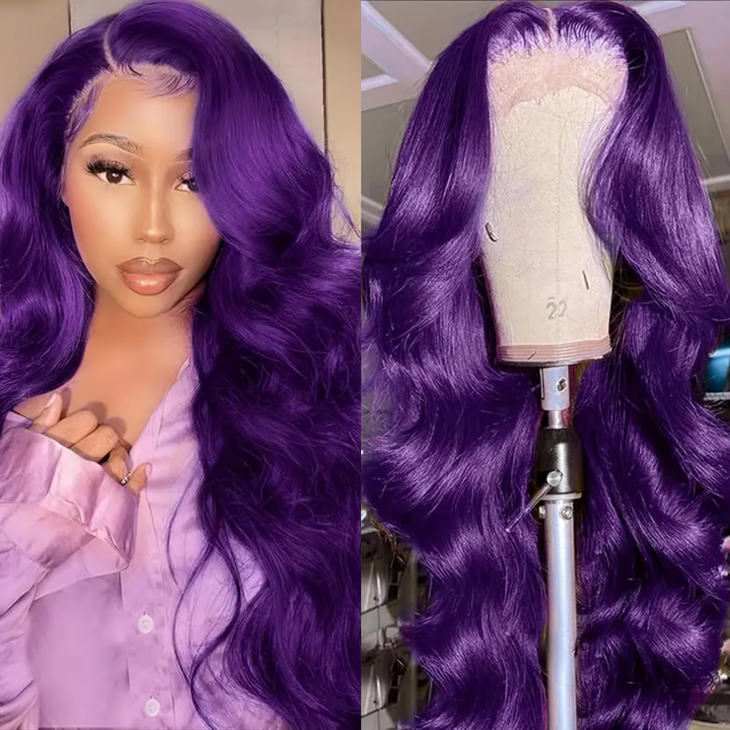 Lezaxiu Purple Body Wave Lace Front Wigs 28 Inch Pre Plucked Long Wavy Hair Wigs Glueless Dark Purple Colored Wigs Heat Resistant Long Violet Wave