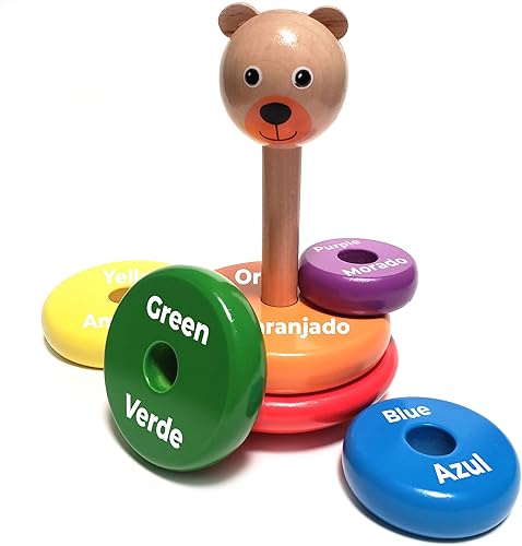 Juguetes para bebés anillos apilables de madera juguetes educativos bilingües para niños de 2 años  Aprende los colores del arco iris en inglés y