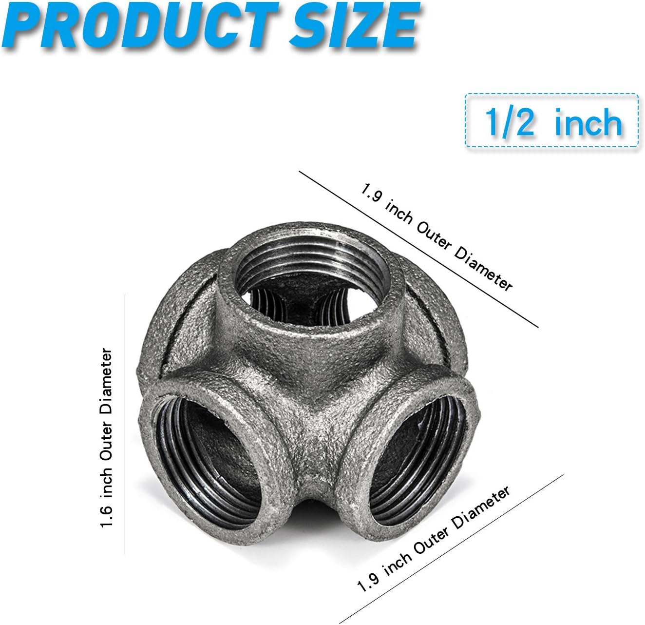 1/2" 5-Way Side Outlet Tee, Home TZH 10-Pack 5-Way Corner Cast Black Malleable Iron Pipe Fitting for Industrial Pipe, Furniture and DIY Decoration (10, 1/2") - - 