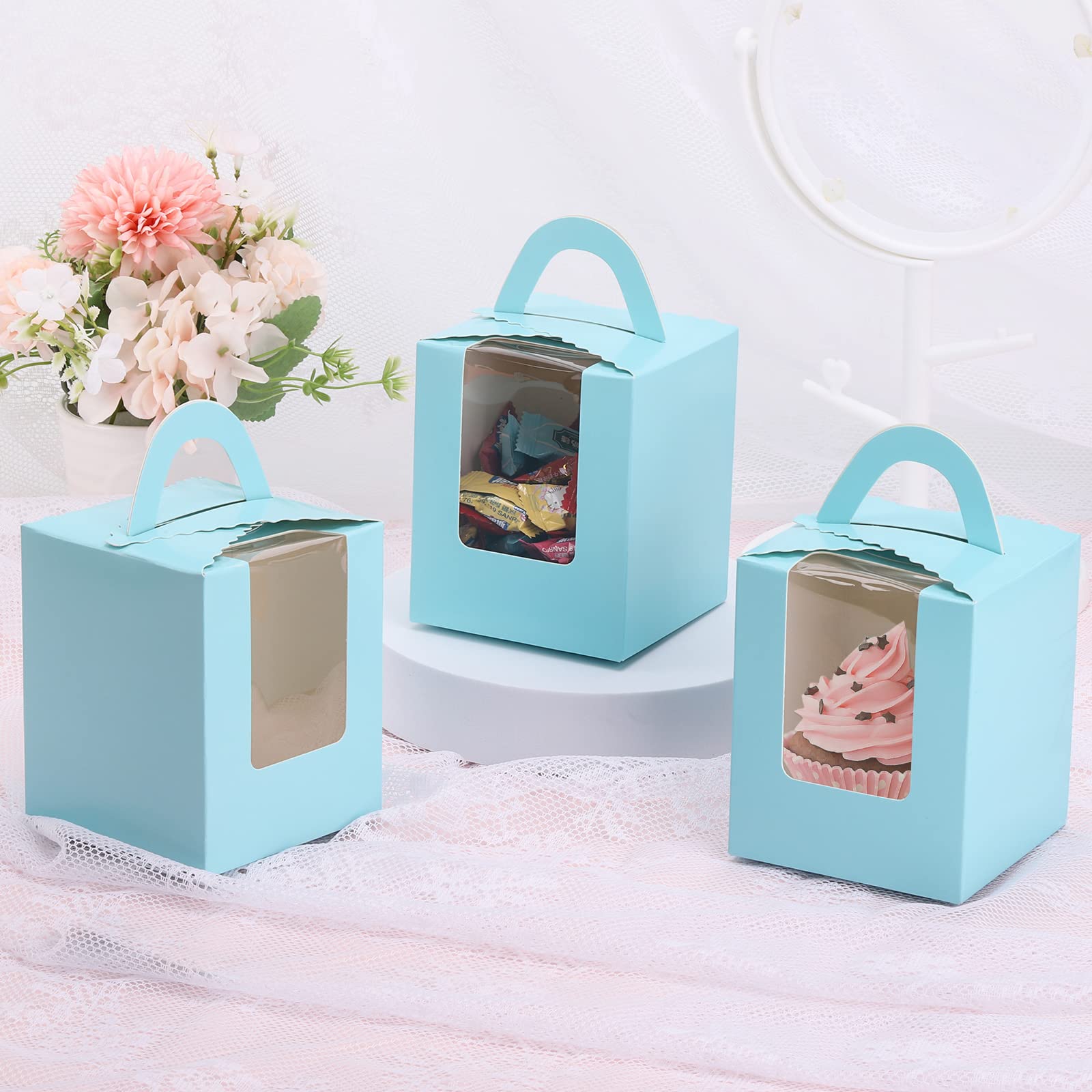 100 cajas para cupcakes con asa de ventana e insertos para regalo de boda, fiesta de cumpleaños (azul)