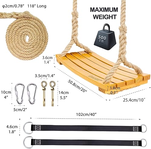 Miniatura 3 de Columpio de madera para colgar, asiento de columpio de 20 x 10 x 1.4 pulgadas, columpio de árbol para adultos y niños, columpio de interior con