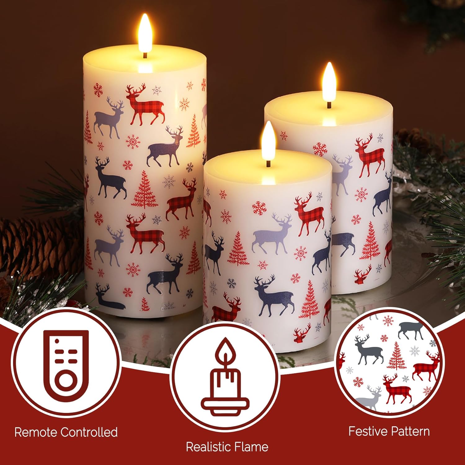 Christmas Flameless Pillar Candles with Remote, Red Buffalo Plaid Reindeer Holiday Decor, Xmas LED Candles Set of 3 - Image 4