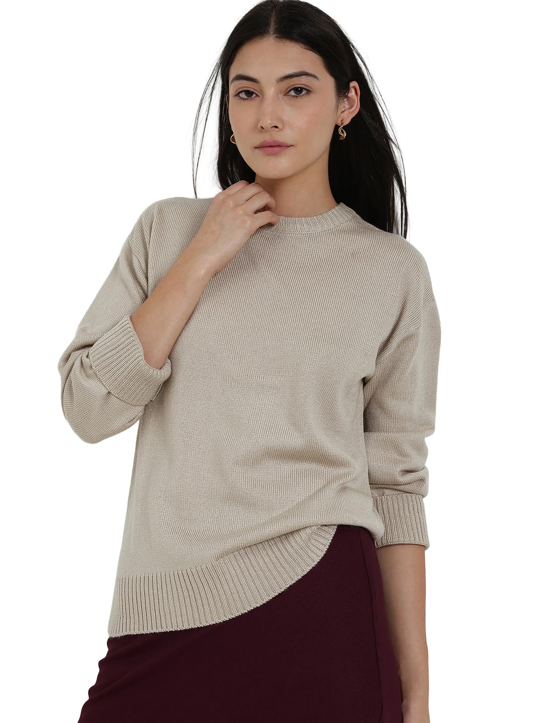 Women Pullover Sweater | Loose Fit Round Neck Solid Design | Soft Acrylic Fabric & Ribbed Hemline for Autumn-Winter Casual & Everyday Wear